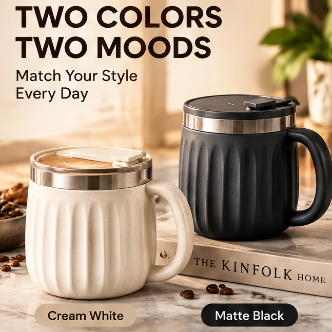 2-Piece Ceramic Thermal Coffee Mug Set with Leak-Proof Lid – Insulated Fluted Coffee Cup with Handle & Non-Slip Base – Premium Stainless Steel Rim Travel Tumbler Set for Hot & Cold Drinks