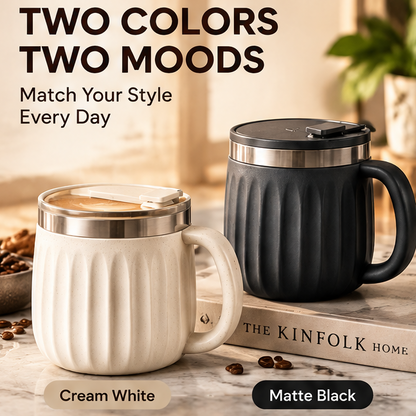 2-Piece Ceramic Thermal Coffee Mug Set with Leak-Proof Lid – Insulated Fluted Coffee Cup with Handle & Non-Slip Base – Premium Stainless Steel Rim Travel Tumbler Set for Hot & Cold Drinks