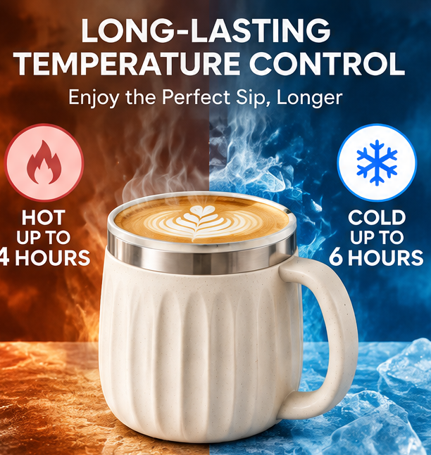 2-Piece Ceramic Thermal Coffee Mug Set with Leak-Proof Lid – Insulated Fluted Coffee Cup with Handle & Non-Slip Base – Premium Stainless Steel Rim Travel Tumbler Set for Hot & Cold Drinks