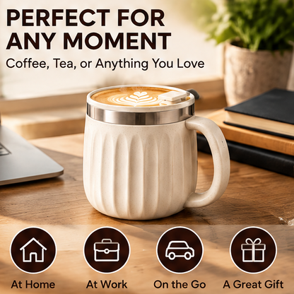 2-Piece Ceramic Thermal Coffee Mug Set with Leak-Proof Lid – Insulated Fluted Coffee Cup with Handle & Non-Slip Base – Premium Stainless Steel Rim Travel Tumbler Set for Hot & Cold Drinks