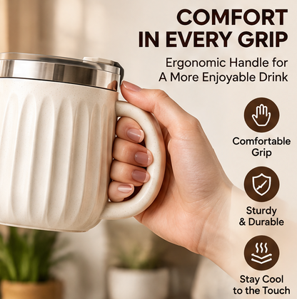 2-Piece Ceramic Thermal Coffee Mug Set with Leak-Proof Lid – Insulated Fluted Coffee Cup with Handle & Non-Slip Base – Premium Stainless Steel Rim Travel Tumbler Set for Hot & Cold Drinks