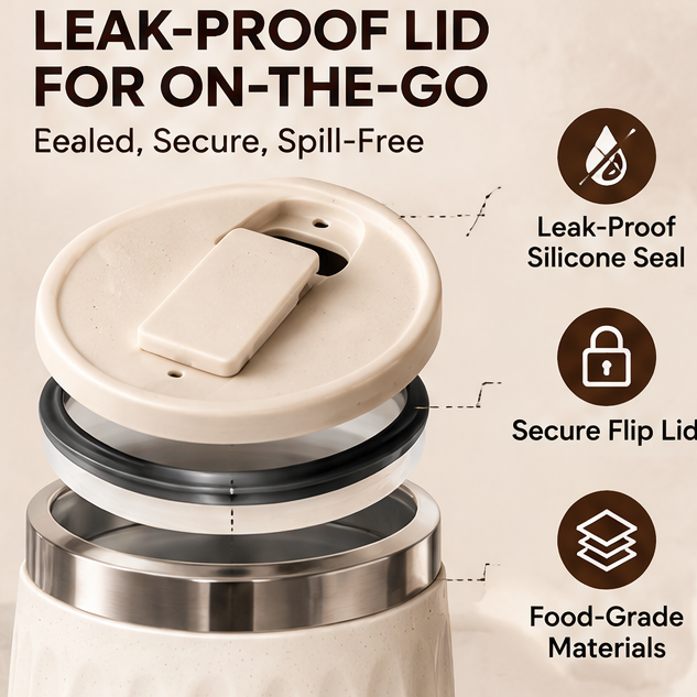 2-Piece Ceramic Thermal Coffee Mug Set with Leak-Proof Lid – Insulated Fluted Coffee Cup with Handle & Non-Slip Base – Premium Stainless Steel Rim Travel Tumbler Set for Hot & Cold Drinks