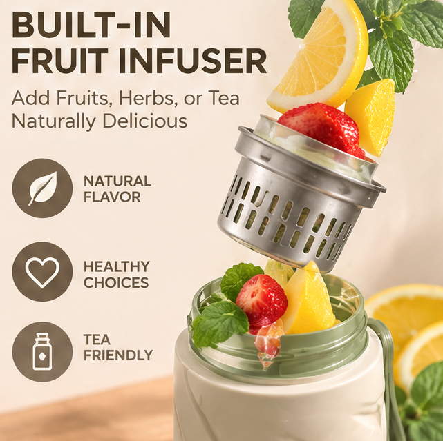 20oz Motivational Water Bottle with Time Marker & Fruit Infuser Filter – Portable Leakproof Sports Straw Bottle for Outdoor Travel, Fitness & Daily Hydration