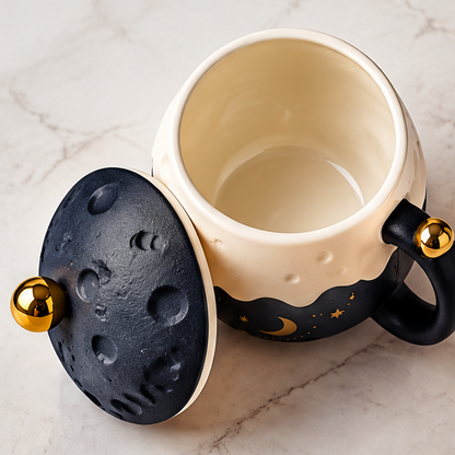 3D Moon Crater Ceramic Coffee Mug with Lid & Star Spoon – Cute Melting Dripping Glaze Celestial Tea Cup for Hot Chocolate, Milk & Coffee – Creative Astronomical Gift Set