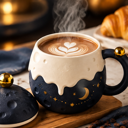 3D Moon Crater Ceramic Coffee Mug with Lid & Star Spoon – Cute Melting Dripping Glaze Celestial Tea Cup for Hot Chocolate, Milk & Coffee – Creative Astronomical Gift Set