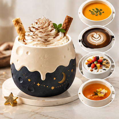3D Moon Crater Ceramic Coffee Mug with Lid & Star Spoon – Cute Melting Dripping Glaze Celestial Tea Cup for Hot Chocolate, Milk & Coffee – Creative Astronomical Gift Set