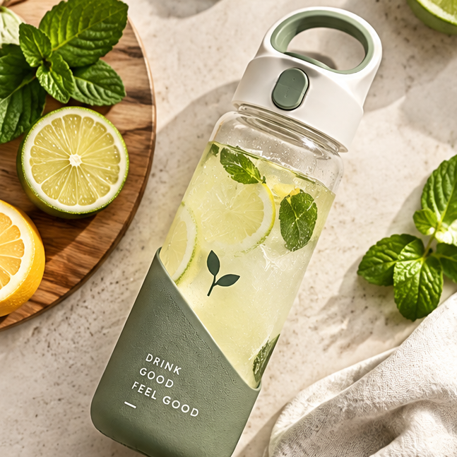 Aesthetic Borosilicate Glass Water Bottle with Protective Silicone Sleeve – 500ml Portable Fruit Infuser Tumbler with Inspirational Quotes & Carrying Handle