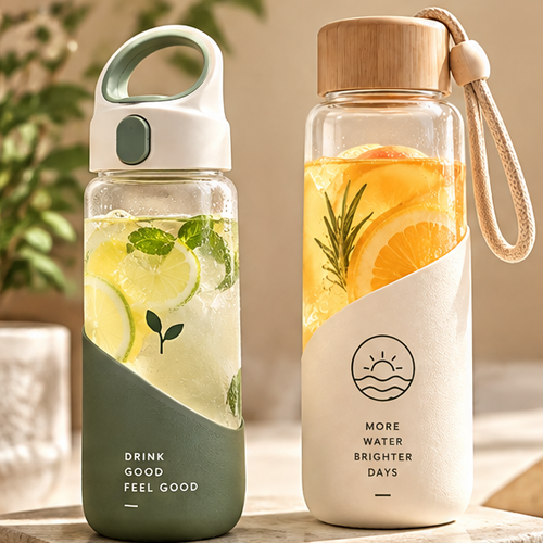 Aesthetic Borosilicate Glass Water Bottle with Protective Silicone Sleeve – 500ml Portable Fruit Infuser Tumbler with Inspirational Quotes & Carrying Handle