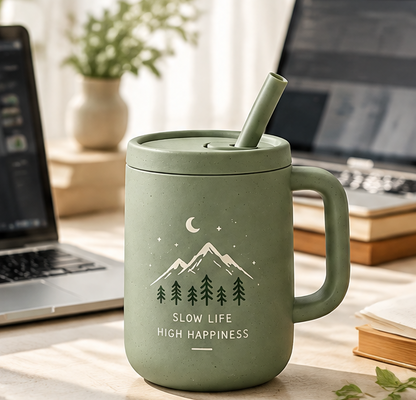 Aesthetic Eco-Friendly Coffee Mug with Lid and Straw – 450ml Reusable Thermal Straw Cup with Inspirational Quotes for Coffee, Milk & Tea