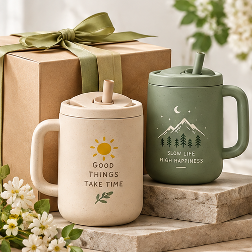 Aesthetic Eco-Friendly Coffee Mug with Lid and Straw – 450ml Reusable Thermal Straw Cup with Inspirational Quotes for Coffee, Milk & Tea