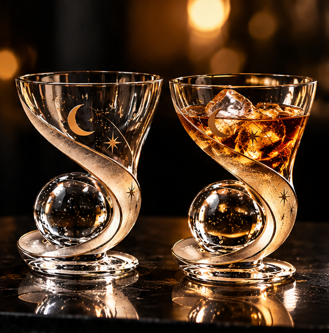 Celestial Crescent Moon & Star Cocktail Glass – Creative Spiral Base Glassware for Martini, Margaritas, Champagne & Craft Drinks – Unique Aesthetic Barware Gift