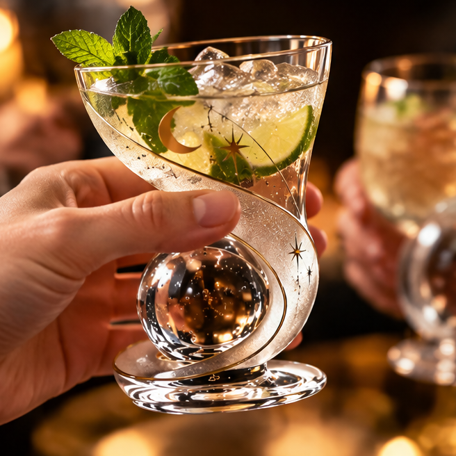 Celestial Crescent Moon & Star Cocktail Glass – Creative Spiral Base Glassware for Martini, Margaritas, Champagne & Craft Drinks – Unique Aesthetic Barware Gift