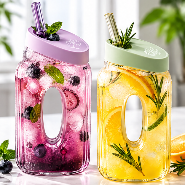 Creative Hollow Center Glass Water Bottle with Lid & Straw – 500ml Ribbed Oval Grip Juice Tumbler for Iced Coffee, Fruit Tea & Cold Drinks – Aesthetic Portable Drinkware