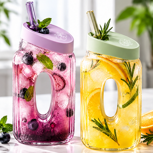 Creative Hollow Center Glass Water Bottle with Lid & Straw – 500ml Ribbed Oval Grip Juice Tumbler for Iced Coffee, Fruit Tea & Cold Drinks – Aesthetic Portable Drinkware