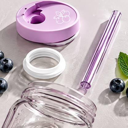 Creative Hollow Center Glass Water Bottle with Lid & Straw – 500ml Ribbed Oval Grip Juice Tumbler for Iced Coffee, Fruit Tea & Cold Drinks – Aesthetic Portable Drinkware