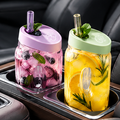 Creative Hollow Center Glass Water Bottle with Lid & Straw – 500ml Ribbed Oval Grip Juice Tumbler for Iced Coffee, Fruit Tea & Cold Drinks – Aesthetic Portable Drinkware