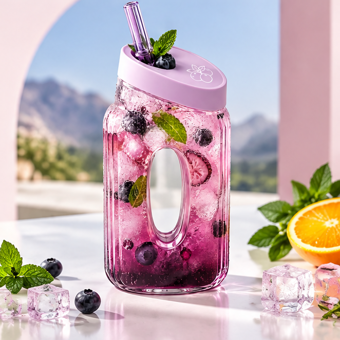 Creative Hollow Center Glass Water Bottle with Lid & Straw – 500ml Ribbed Oval Grip Juice Tumbler for Iced Coffee, Fruit Tea & Cold Drinks – Aesthetic Portable Drinkware