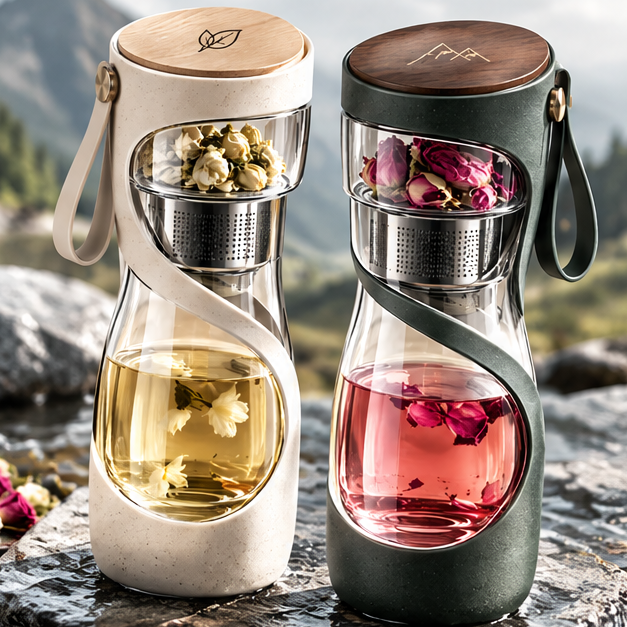 Double-Wall Glass Tea Infuser Bottle with Stainless Steel Strainer & Wooden Grain Lid – Portable Loose Leaf Tea Maker & Fruit Infused Water Tumbler with Carrying Strap