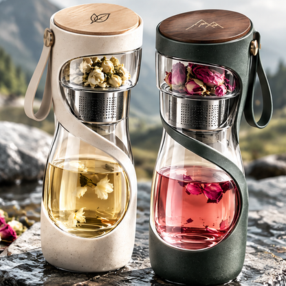Double-Wall Glass Tea Infuser Bottle with Stainless Steel Strainer & Wooden Grain Lid – Portable Loose Leaf Tea Maker & Fruit Infused Water Tumbler with Carrying Strap