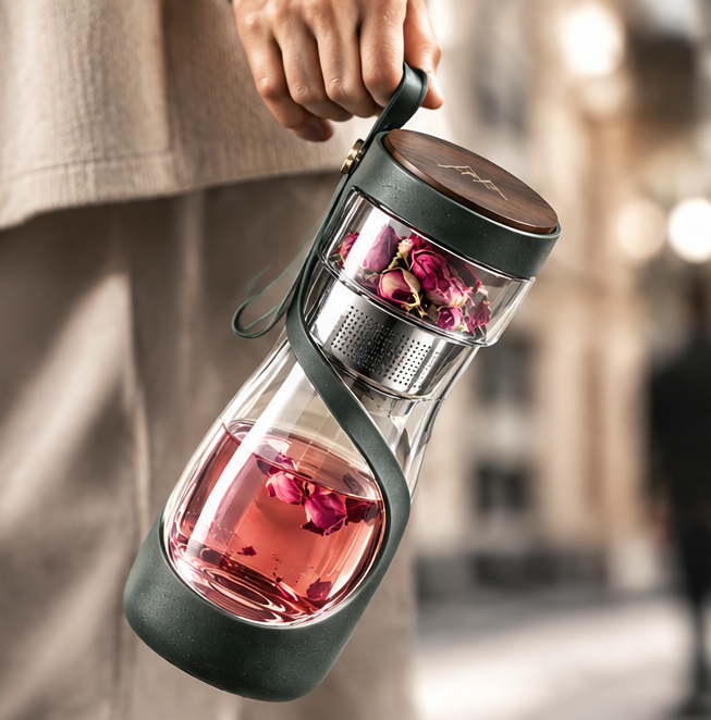 Double-Wall Glass Tea Infuser Bottle with Stainless Steel Strainer & Wooden Grain Lid – Portable Loose Leaf Tea Maker & Fruit Infused Water Tumbler with Carrying Strap