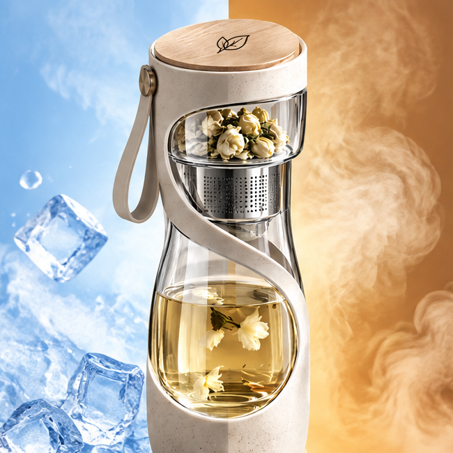 Double-Wall Glass Tea Infuser Bottle with Stainless Steel Strainer & Wooden Grain Lid – Portable Loose Leaf Tea Maker & Fruit Infused Water Tumbler with Carrying Strap