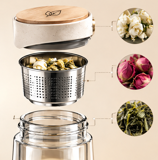 Double-Wall Glass Tea Infuser Bottle with Stainless Steel Strainer & Wooden Grain Lid – Portable Loose Leaf Tea Maker & Fruit Infused Water Tumbler with Carrying Strap