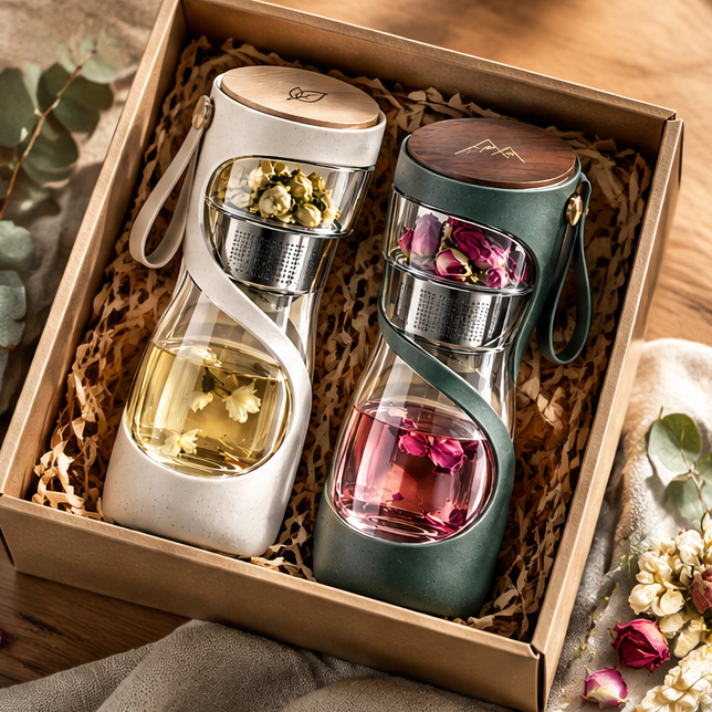 Double-Wall Glass Tea Infuser Bottle with Stainless Steel Strainer & Wooden Grain Lid – Portable Loose Leaf Tea Maker & Fruit Infused Water Tumbler with Carrying Strap