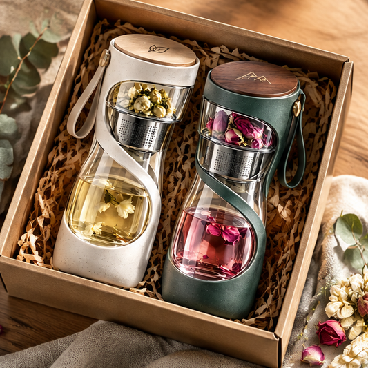 Double-Wall Glass Tea Infuser Bottle with Stainless Steel Strainer & Wooden Grain Lid – Portable Loose Leaf Tea Maker & Fruit Infused Water Tumbler with Carrying Strap
