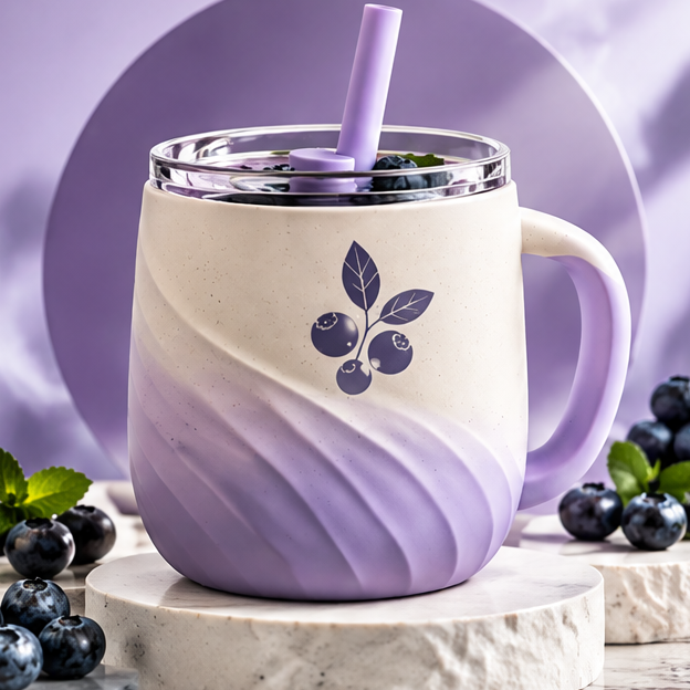 Lavender Purple Swirl Ceramic Coffee Mug with Straw & Lid – 450ml Aesthetic Wave Pottery Tumbler with Handle for Iced Latte, Smoothie, Milk & Tea