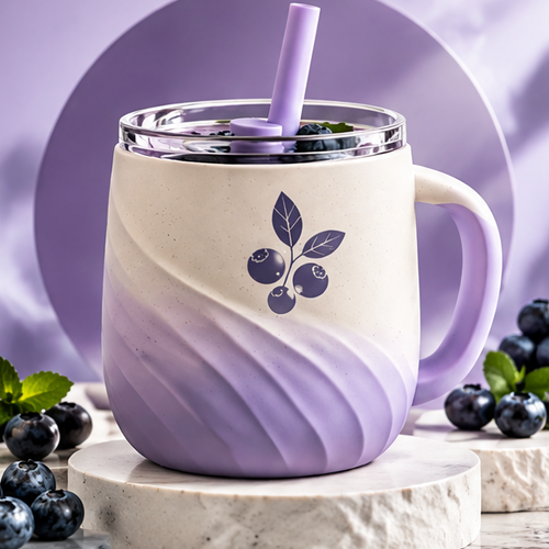 Lavender Purple Swirl Ceramic Coffee Mug with Straw & Lid – 450ml Aesthetic Wave Pottery Tumbler with Handle for Iced Latte, Smoothie, Milk & Tea