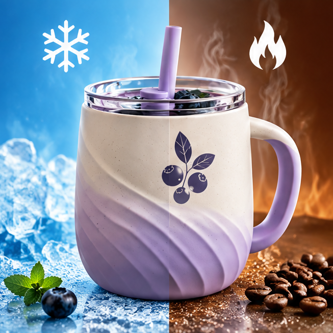 Lavender Purple Swirl Ceramic Coffee Mug with Straw & Lid – 450ml Aesthetic Wave Pottery Tumbler with Handle for Iced Latte, Smoothie, Milk & Tea