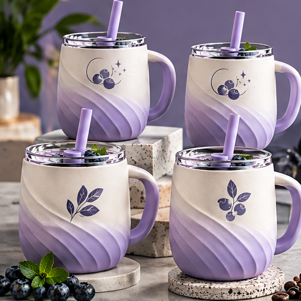 Lavender Purple Swirl Ceramic Coffee Mug with Straw & Lid – 450ml Aesthetic Wave Pottery Tumbler with Handle for Iced Latte, Smoothie, Milk & Tea