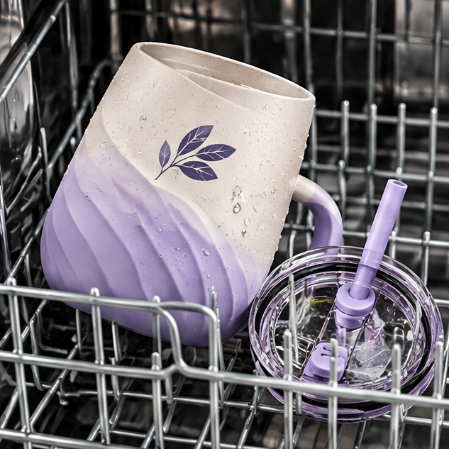 Lavender Purple Swirl Ceramic Coffee Mug with Straw & Lid – 450ml Aesthetic Wave Pottery Tumbler with Handle for Iced Latte, Smoothie, Milk & Tea