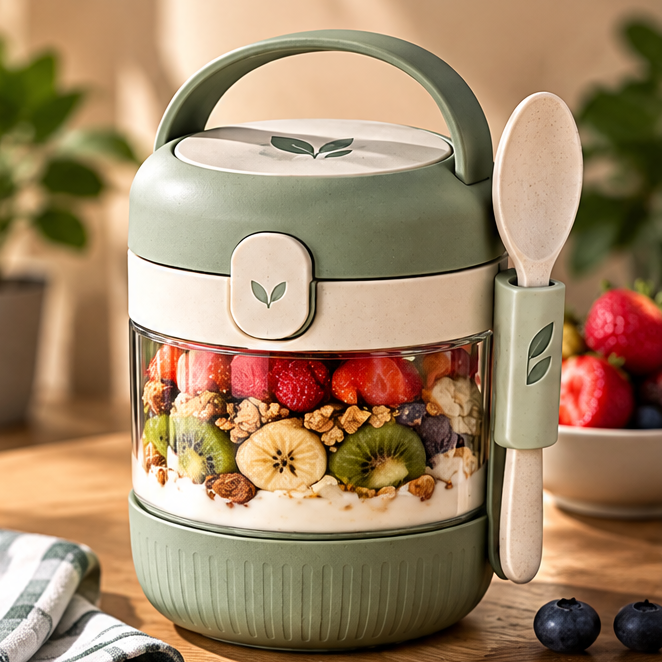 Portable Overnight Oats Container with Lid & Spoon – Leakproof Cereal on the Go Cup for Yogurt, Fruit Parfait & Soup – Travel Food Jar with Built-in Spoon Holder