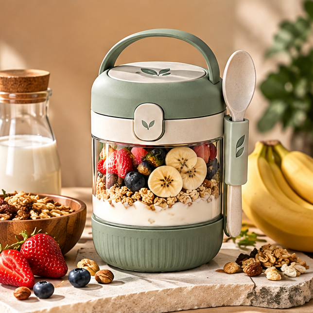 Portable Overnight Oats Container with Lid & Spoon – Leakproof Cereal on the Go Cup for Yogurt, Fruit Parfait & Soup – Travel Food Jar with Built-in Spoon Holder