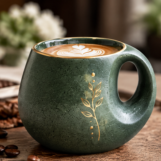 Vintage Botanical Ceramic Coffee Mug with Gold Leaf Accent – Handmade Round Belly Pottery Cup for Latte, Tea, Cappuccino & Espresso – Rustic Forest Green Drinkware Gift
