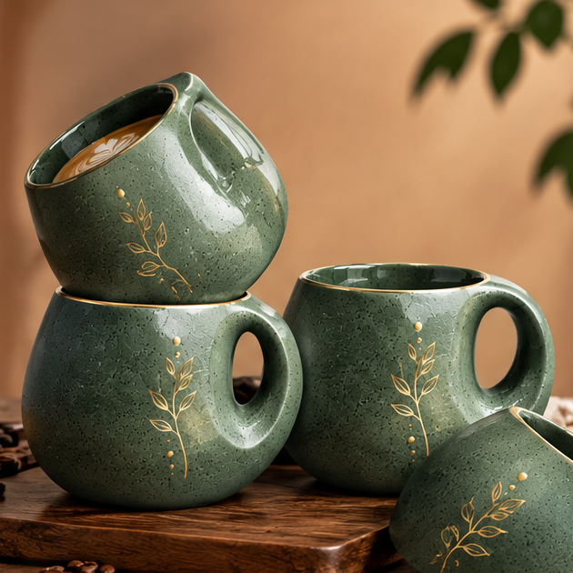 Vintage Botanical Ceramic Coffee Mug with Gold Leaf Accent – Handmade Round Belly Pottery Cup for Latte, Tea, Cappuccino & Espresso – Rustic Forest Green Drinkware Gift