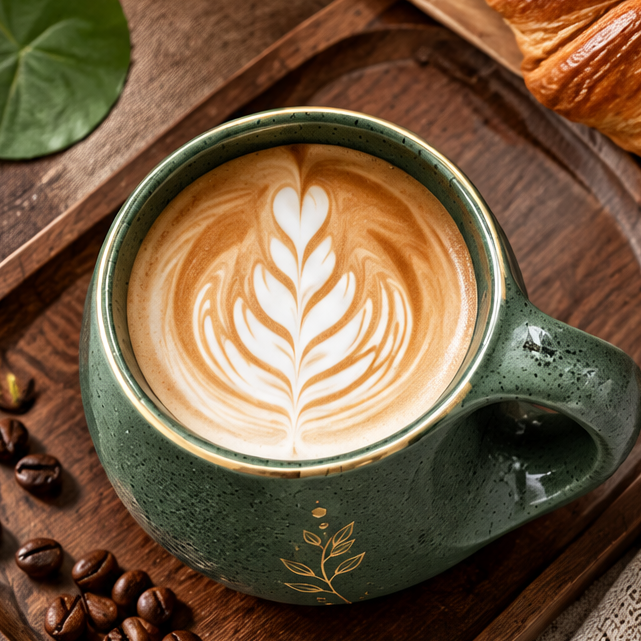 Vintage Botanical Ceramic Coffee Mug with Gold Leaf Accent – Handmade Round Belly Pottery Cup for Latte, Tea, Cappuccino & Espresso – Rustic Forest Green Drinkware Gift