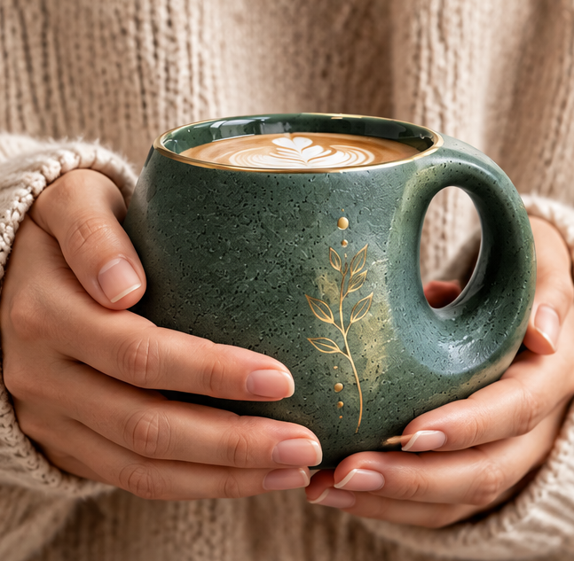 Vintage Botanical Ceramic Coffee Mug with Gold Leaf Accent – Handmade Round Belly Pottery Cup for Latte, Tea, Cappuccino & Espresso – Rustic Forest Green Drinkware Gift