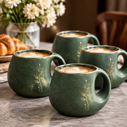 Vintage Botanical Ceramic Coffee Mug with Gold Leaf Accent – Handmade Round Belly Pottery Cup for Latte, Tea, Cappuccino & Espresso – Rustic Forest Green Drinkware Gift