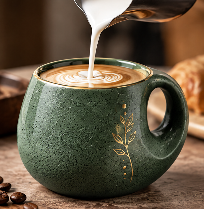 Vintage Botanical Ceramic Coffee Mug with Gold Leaf Accent – Handmade Round Belly Pottery Cup for Latte, Tea, Cappuccino & Espresso – Rustic Forest Green Drinkware Gift